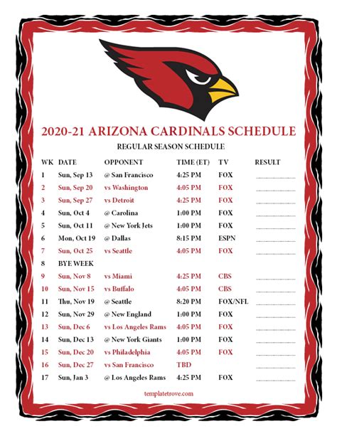 Printable 2020-2021 Arizona Cardinals Schedule