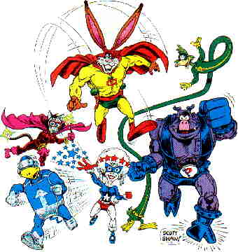 Clockwise from top: Captain Carrot, Rubber Duck, Pig Iron, Yankee Poodle, Fastback, Alleycat-Abra. Artist: Scott Shaw!.