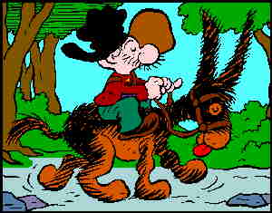 Snuffy Smith and his mule, Aunt Sukey. Snuffy is the one on top. Artist: Fred Lasswell.