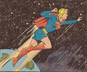 Supergirl cavorts through the cosmos. Artist: Jim Mooney.