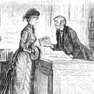 Small image of a man handing a book to a women across a counter.