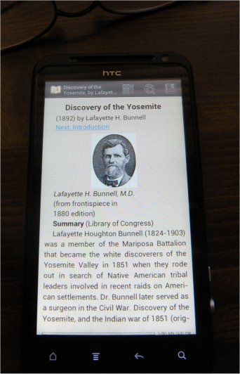 ''Discovery of the Yosemite'' ebook with FBReader on a HTC Evo smartphone