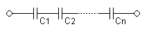 A diagram of several capacitors, connected end to end, with the same amount of current going through each