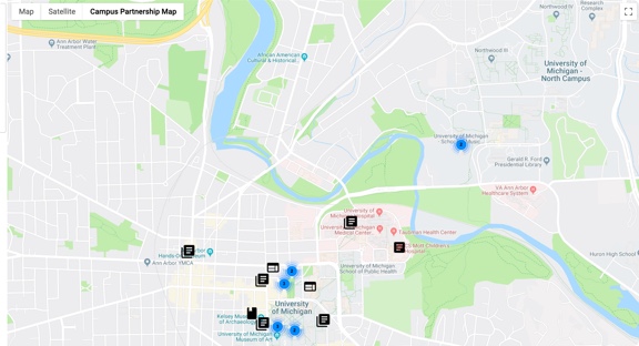 Map showing locations of Michigan Publishing projects on University of Michigan's Ann Arbor campus.