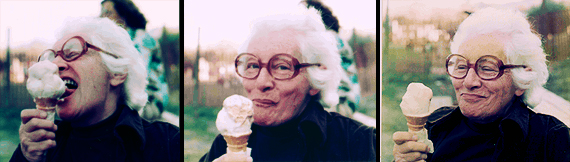 Malvina Reynolds thoroughly enjoying an ice cream cone