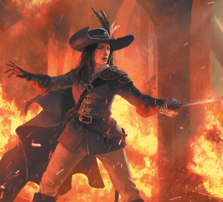Image of a woman in swashbuckling garb with her sword at the ready. The building around her is on fire, but she seems focused on her unseen adversary. Her hat is magnificent. (Image clipped from Chapter 3 of the 7th Sea corebook)