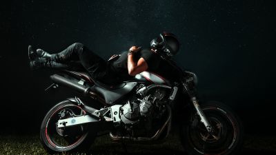 Biker, Night, Starry sky, Honda, Relax