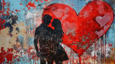 Love couple, Romantic, Valentine, Love heart, Red heart, Illustration, Wall, 5K