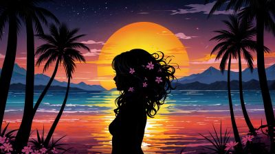 Woman, Silhouette, Girly backgrounds, Tropical beach, Sunset, AI art, Colorful art, 5K