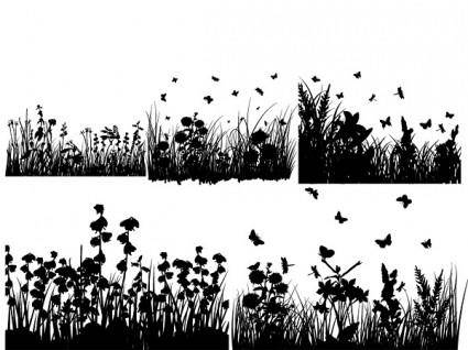 Several grass and butterflies silhouette vector