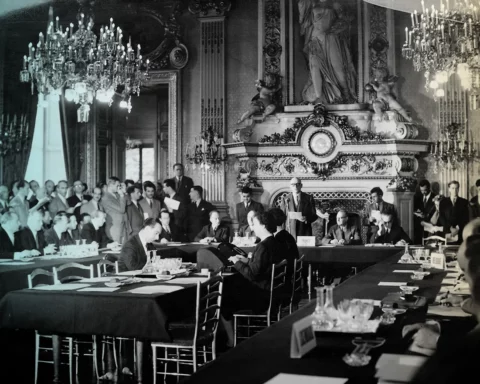 French Foreign Minister Robert Schuman announces the plan to found the European Coal and Steel Community (ECSC) in front of the national assembly at the foreign ministry at the Quai d'Orsay in Paris, France, 9 May 1950. The goal of the ECSC was to create an agency to oversee German and French coal and steel production and invite other countries to participate. The so-called "Schuman plan" was signed on 18 April 1951 in Paris and came into effect on 23 July 1952 for a duration of 50 years.