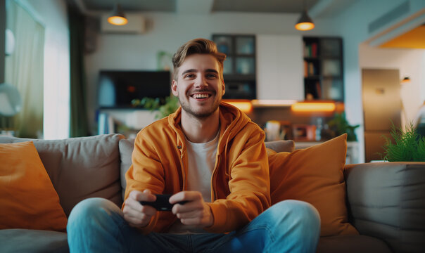 Happy guy playing video games while smiling, copy space, Generative AI.