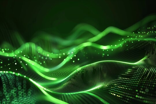 Background with green dots and waves. Concept for futuristic technology.