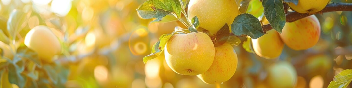 Ripening golden apples hanging from branches in an orchard garden