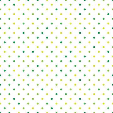 Seamless polka dot pattern. Green dots in random sizes on white background. Vector illustration