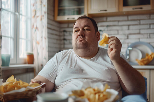 overweight man eating fast food in the kitchen