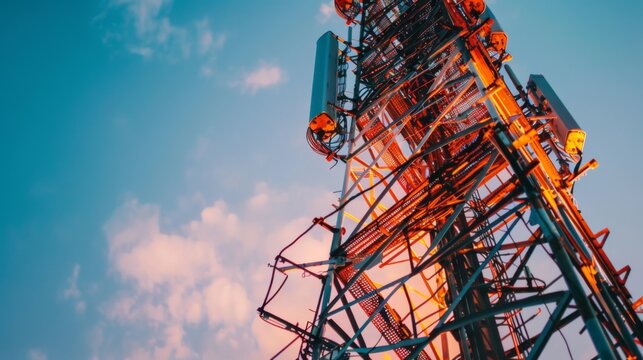 Close-up of a telecommunications tower emitting wireless signals, enabling mobile phone coverage in urban and rural regions.