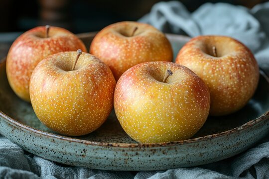 Close-up of Four Golden Apples in a Rustic Bowl