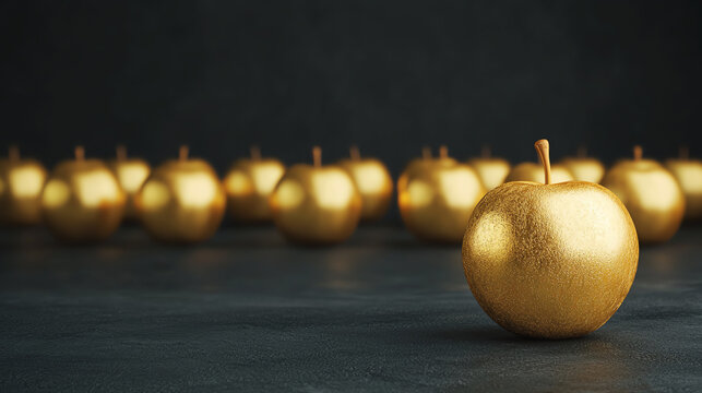 Golden apple with shine, black studio background, luxury and temptation