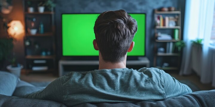 Guy Watching Tv. Home Concept, Man with Chroma Key Technology in Living Room