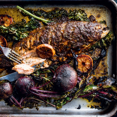 Blackened trout with charred beetroot and citrus