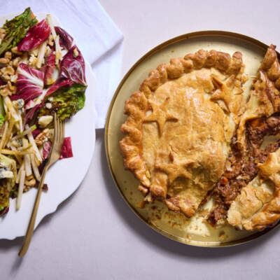 Lamb shank pie with pear-and-walnut salad