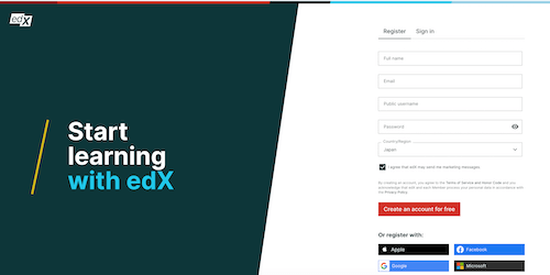 edXの登録画面