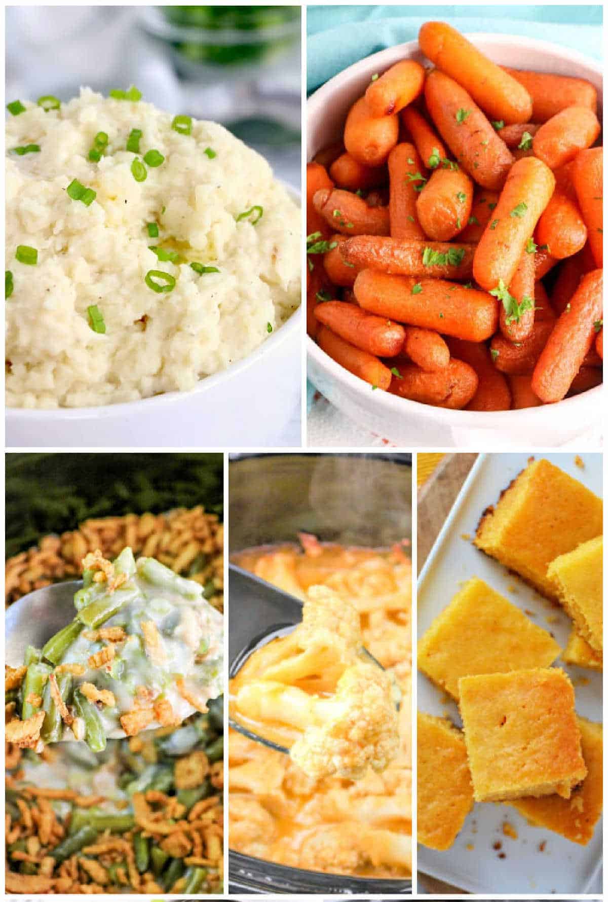 A collage of five food images: mashed potatoes topped with chopped green onions, glazed baby carrots garnished with parsley, green bean casserole, scalloped potatoes being scooped, and cornbread slices on a white rectangular plate.