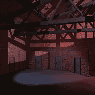 A moody brickwall Warehouse interior, three doors in theater-like doorframes. one door on the left. Evening sunlight casts shadows of the metal beams into the warehouse