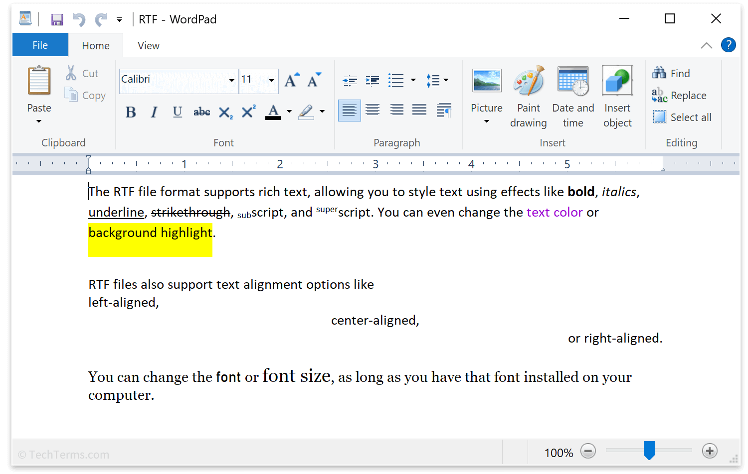 An RTF document in Microsoft WordPad