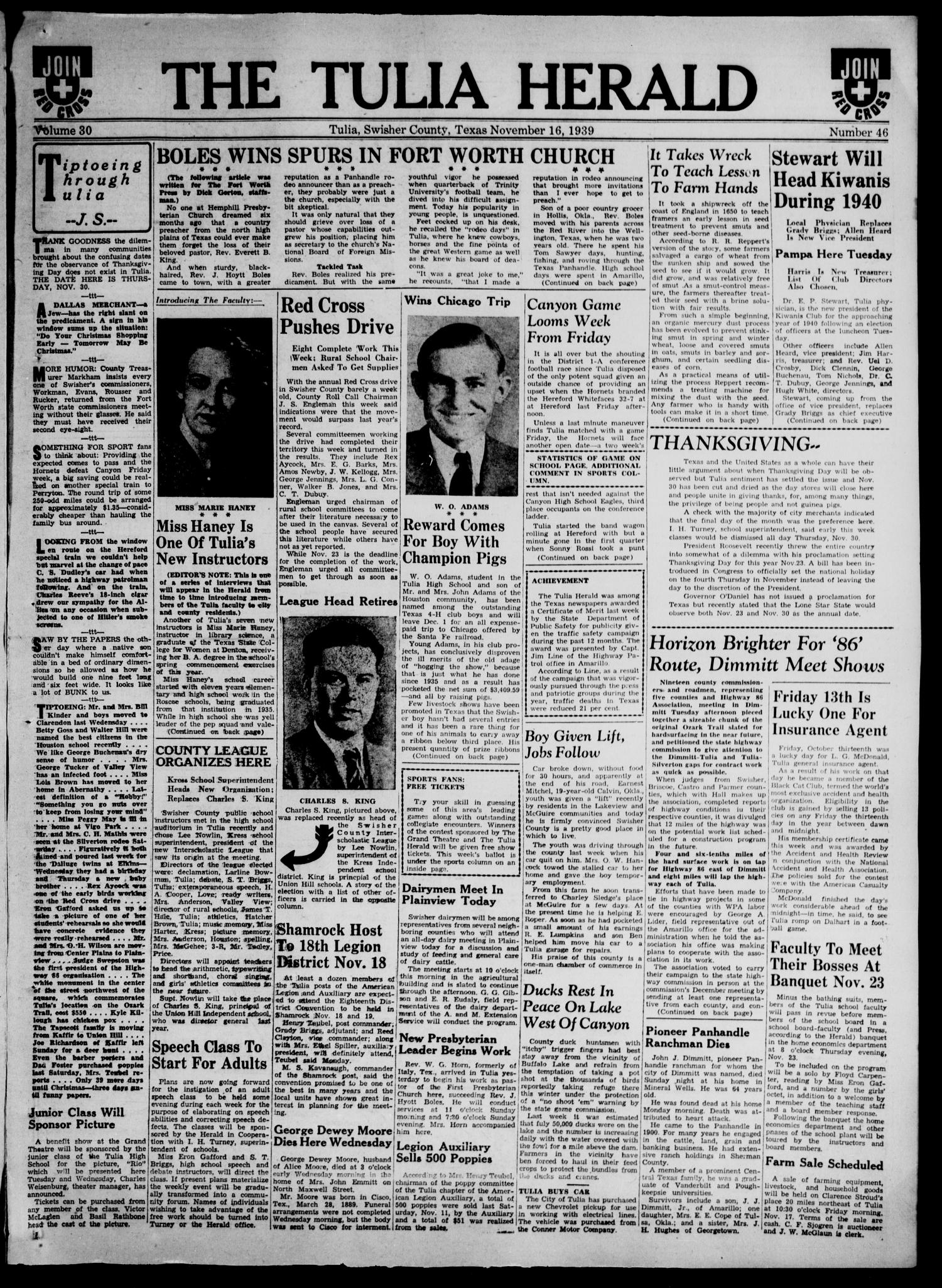 The Tulia Herald (Tulia, Tex), Vol. 30, No. 46, Ed. 1, Thursday, November 16, 1939
                                                
                                                    1
                                                