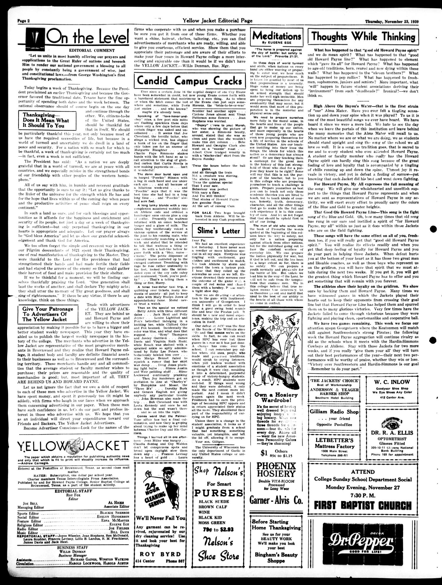 Yellow Jacket (Brownwood, Tex.), Vol. 26, No. 10, Ed. 1, Thursday, November 23, 1939
                                                
                                                    [Sequence #]: 2 of 4
                                                