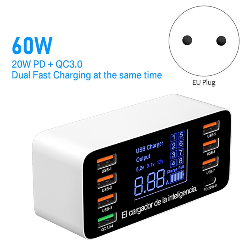 60W 8 Ports USB Phone Charger  PD Type C USB C Fast Charger Quick  Charge  Smart LED Display 