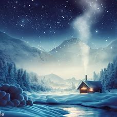 Create a serene winter landscape with snow-covered mountains, a frozen river, and a cabin with smoke rising from its chimney. The stars