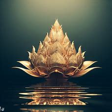 Imagine a lotus flower that is intricately carved and made entirely of gold, rising out of a clear pool of water.