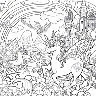 Create a fantastical coloring sheet for kids, with a magical landscape of unicorns, dragons, and rainbows.