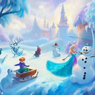 Paint a whimsical, fantasy winter scene with frozen characters from the film, including Anna, Elsa, Kristoff, and Olaf, enjoying a fun day of sledding, ice skating, and building snowmen.