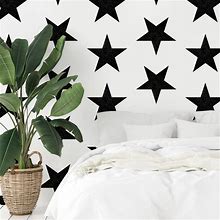 Black And White Stars Wallpaper, Geometric Self Adhesive Wall Mural, Cute Girls Room Removable Decal, Nursery Temporary Wall Decor