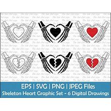 Skeleton Hand With Heart And Broken Heart Vector Clipart Set / Outline, Stamp And Color Drawing Graphic / PNG, JPG, SVG, Eps