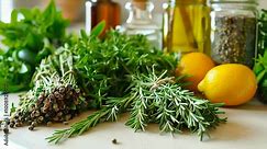 A vibrant arrangement of fresh herbs, citrus, and oils for cooking and flavoring.