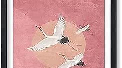 Poster Master Animal Poster - Minimalist Print - Flying Cranes, Birds, Pink Background, Peach Circle, Aesthetic - 8x10 UNFRAMED Wall Art - Gift for Artist, Friend - Wall Decor for Home, Office, Dorm