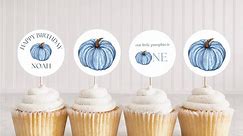 Blue Pumpkin Birthday Cupcake Toppers Digital Download Autumn Theme Birthday Our Little Pumpkin Party Decor Editable Canva Template - Etsy