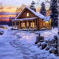 Winter Log Cabin Desktop Wallpaper