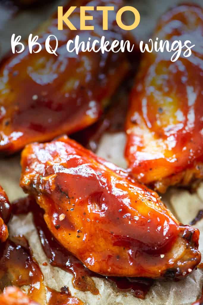 Keto baked BBQ chicken wings on pan.