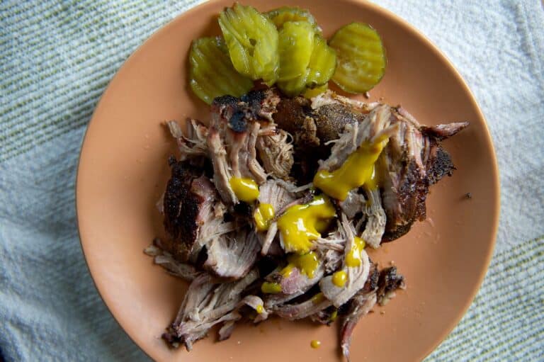 Pulled pork on a ceramic plate with carolina gold bbq sauce, and pickles.