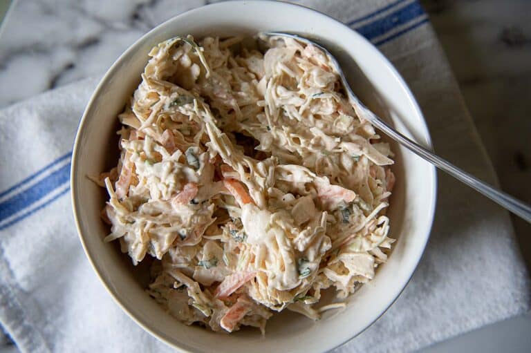 Slaw For Fish Tacos Sitting In a Bowl, Waiting To Be Served.