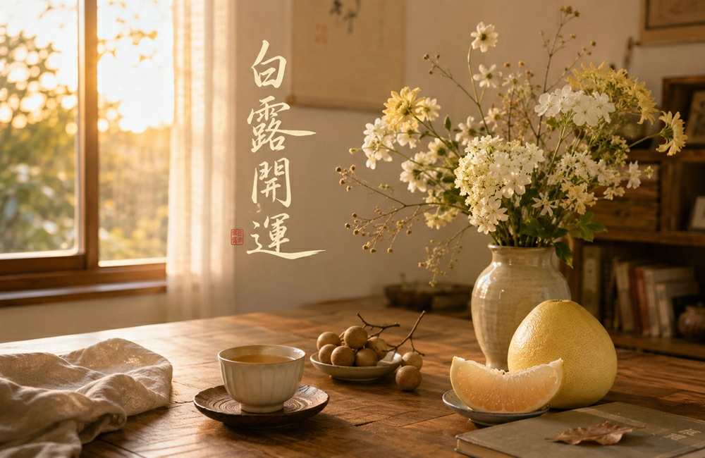 秋日窗邊白黃花茶飲與文旦龍眼生活情境