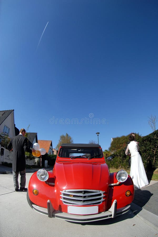 Vintage red wedding car