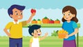 A young child eagerly pointing at the colorful display of fruits as their parent negotiates with the enthusiastic vendor