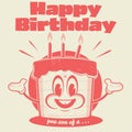 Funny birthday cake in retro cartoon style with sarcastic comment